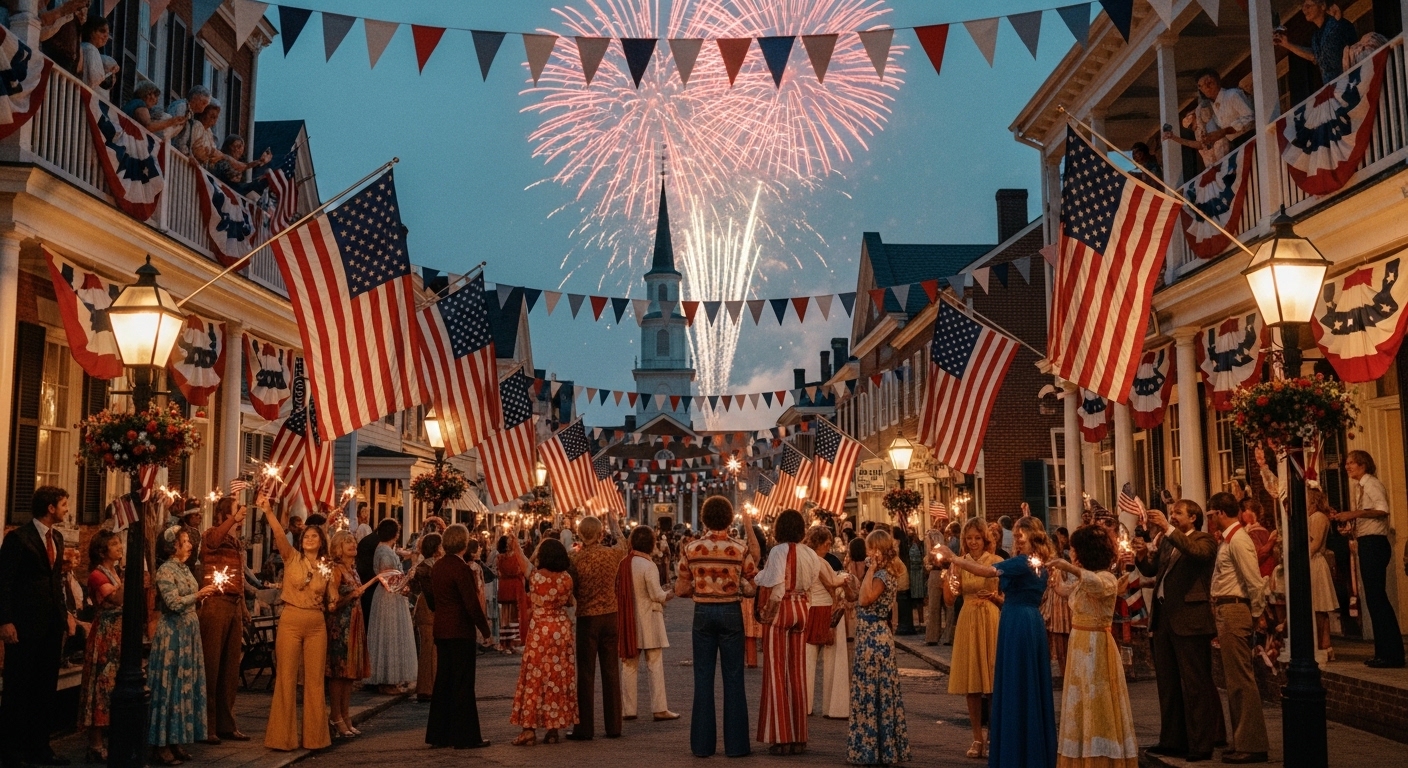 1976 Bicentennial celebration with fireworks and American flags