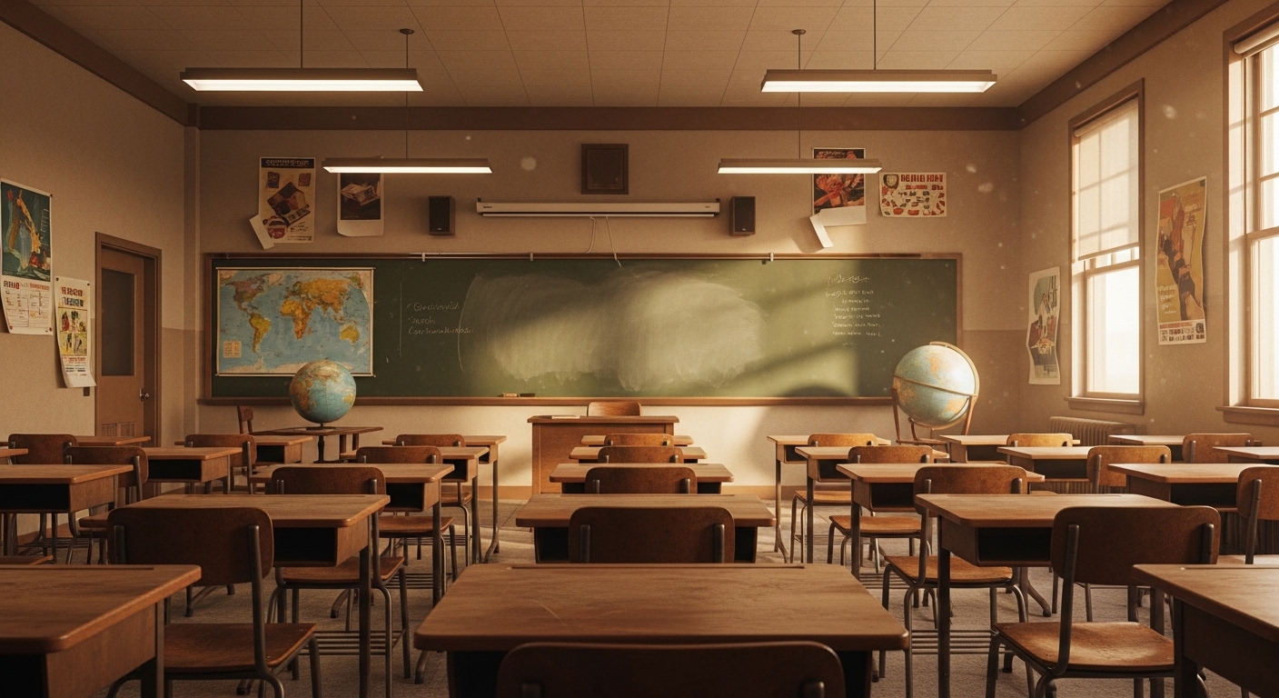 1970s high school classroom with wooden desks and chalkboard