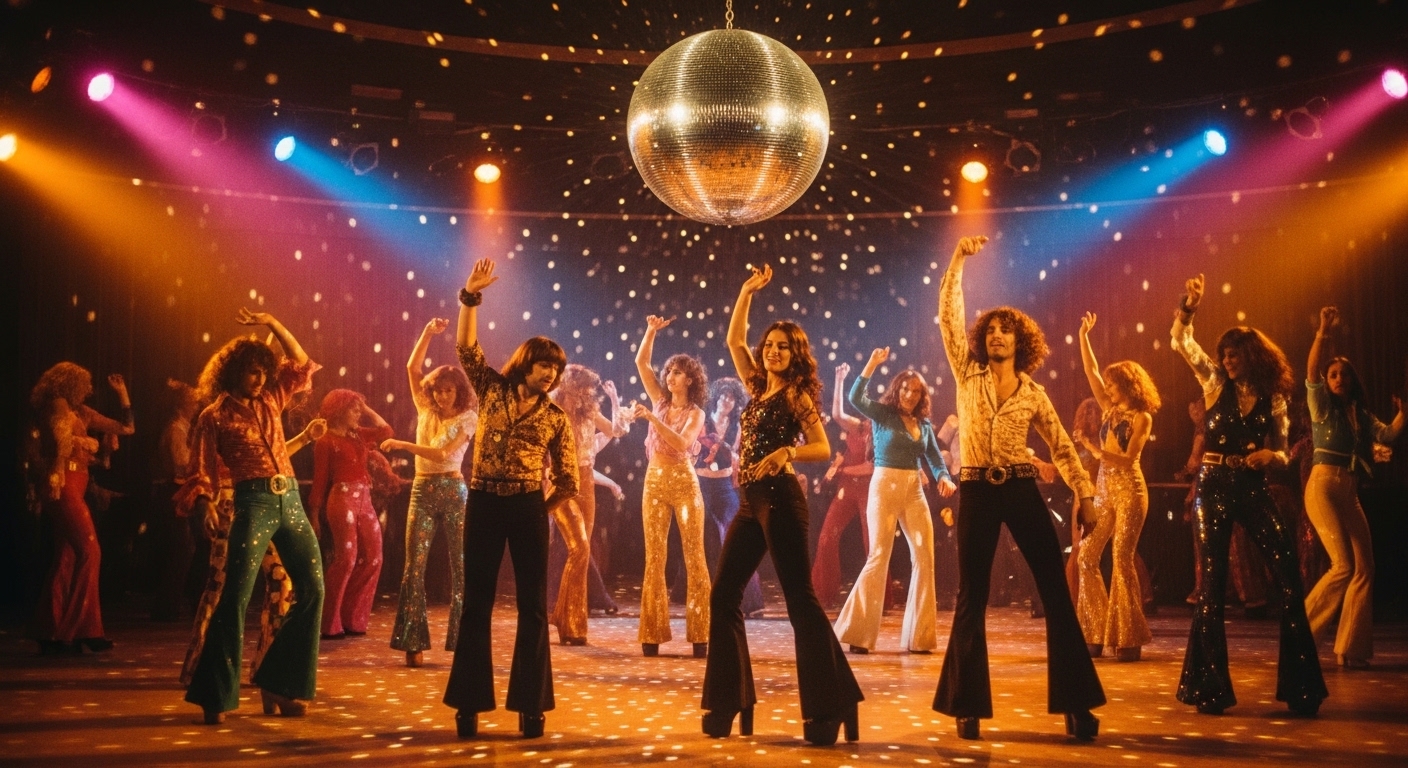 1970s disco dance floor with mirror ball and dancers