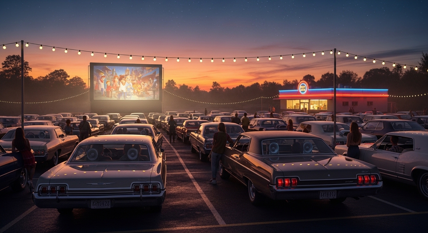 1970s drive-in movie theater at sunset