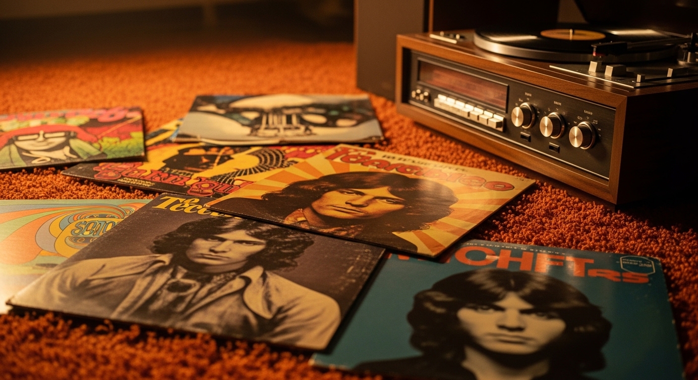 Vinyl records and turntable on shag carpet