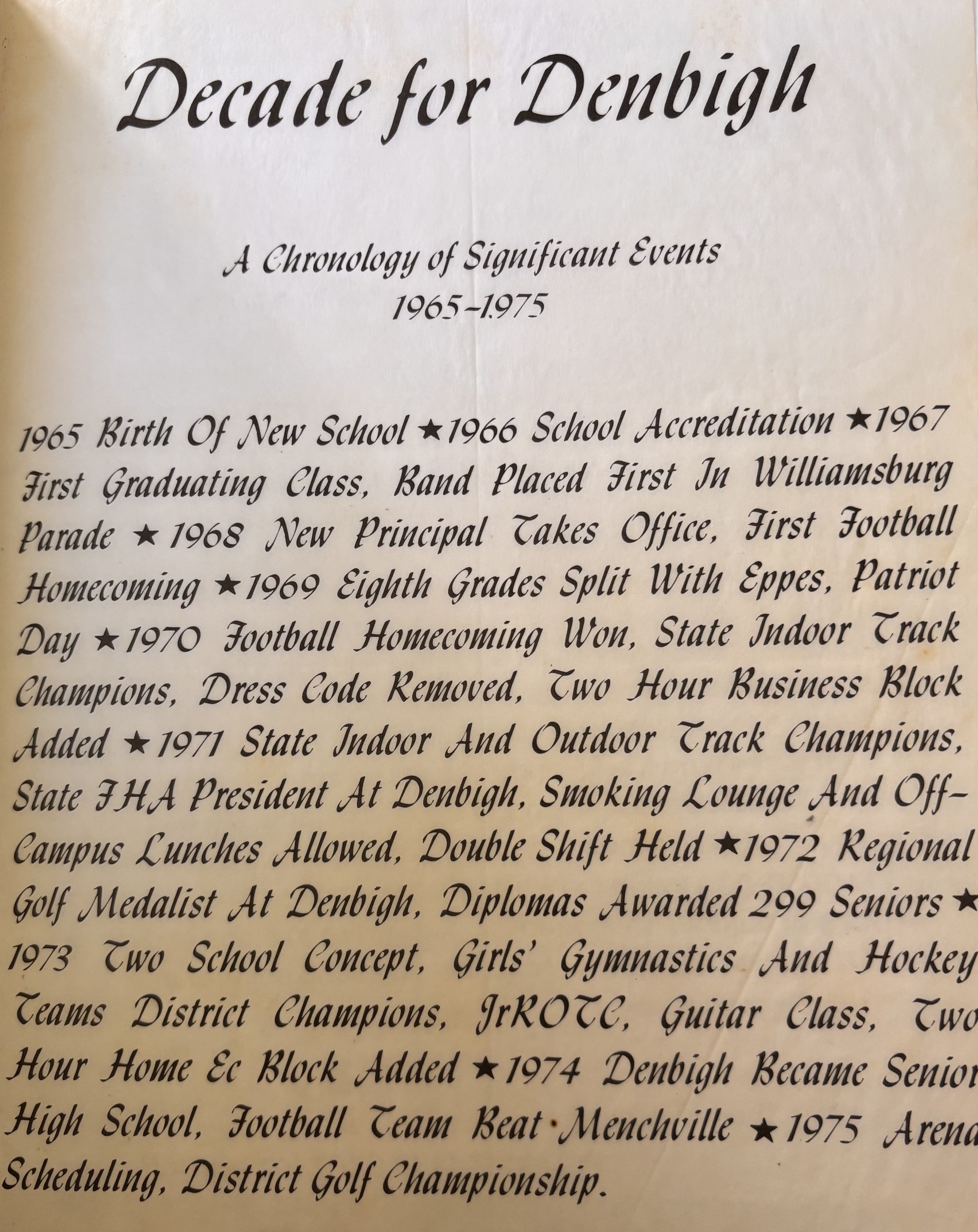 Decade for Denbigh — A Chronology of Significant Events 1965-1975, from the 1975 Denbigh High School yearbook